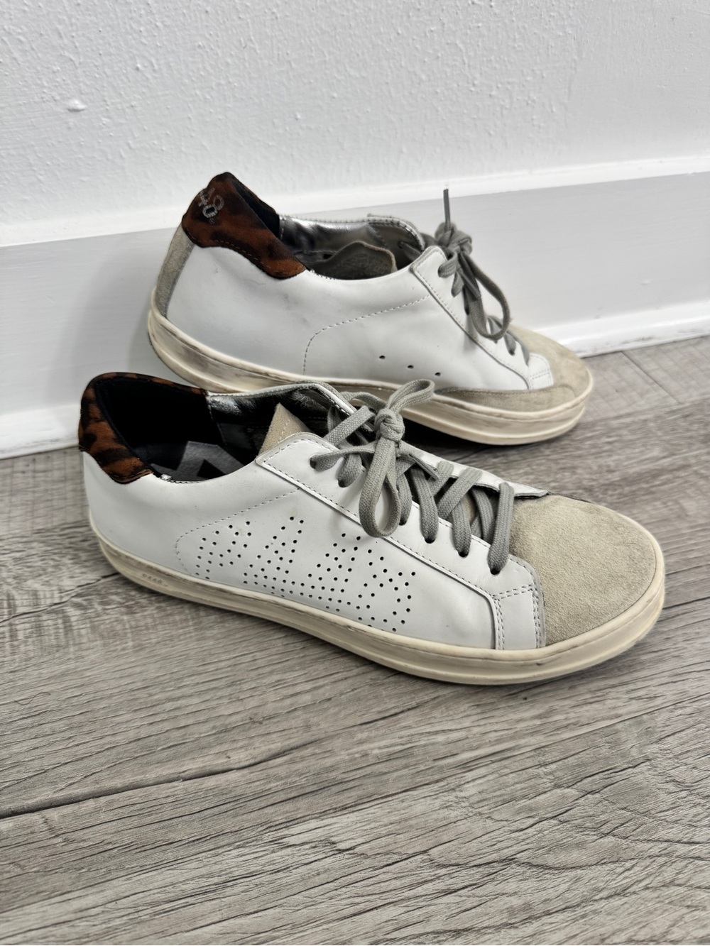 P448 White Leather & Suede destresed Sneakers W/ Cheetah heel size 38 US 7.5
